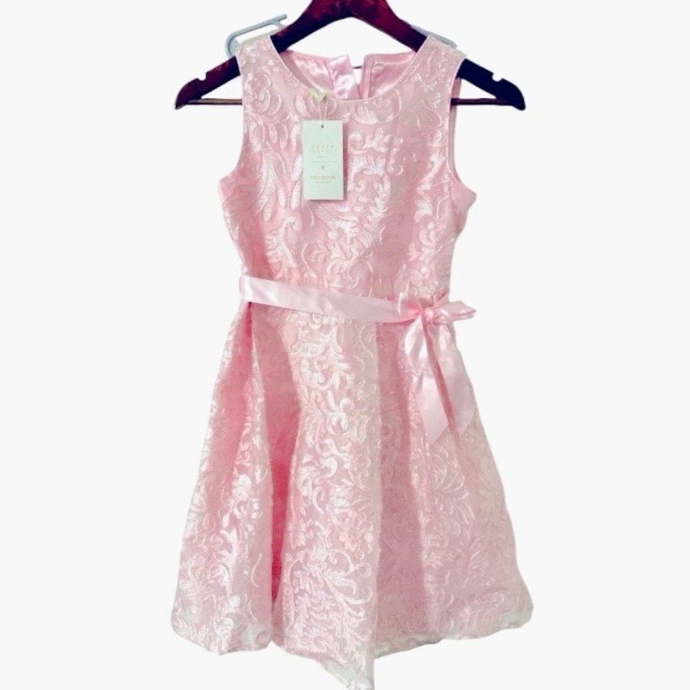 Monsoon dress party dress shimmery fabric, lined, belt & bow size 11